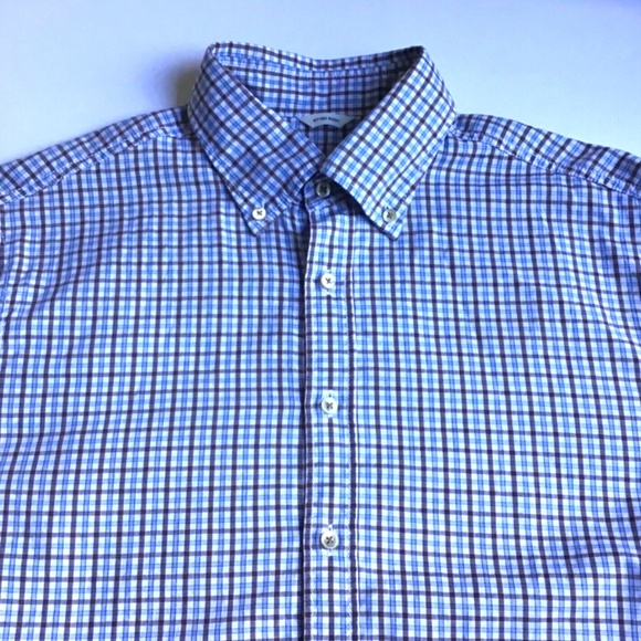 Stenstroms fitted body blue &. Brown checkered cotton dress shirt Sz M - Picture 6 of 11